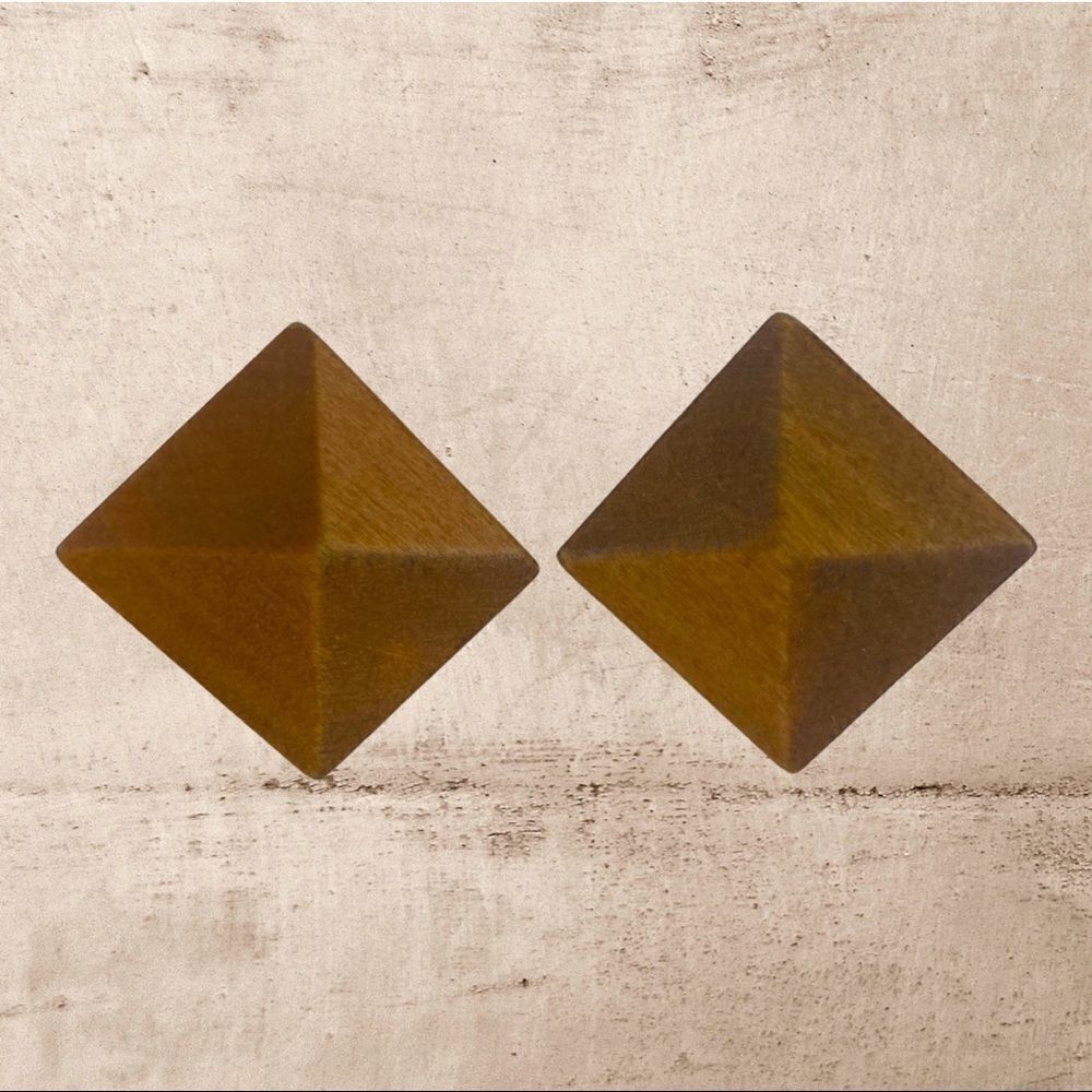 Clip-On Brown Wood Pyramid / Square Earrings